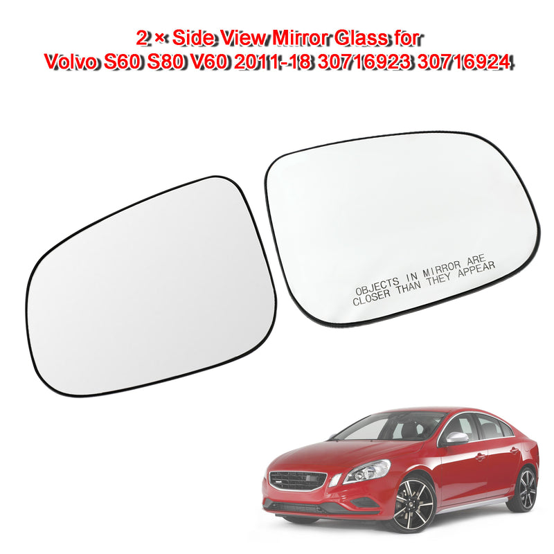 2 × Side View Mirror Glass for Volvo S60 S80 V60 2011-18 30716923 30716924