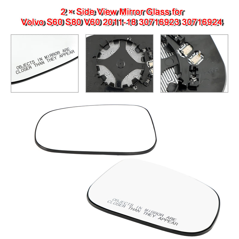 2 × Side View Mirror Glass for Volvo S60 S80 V60 2011-18 30716923 30716924