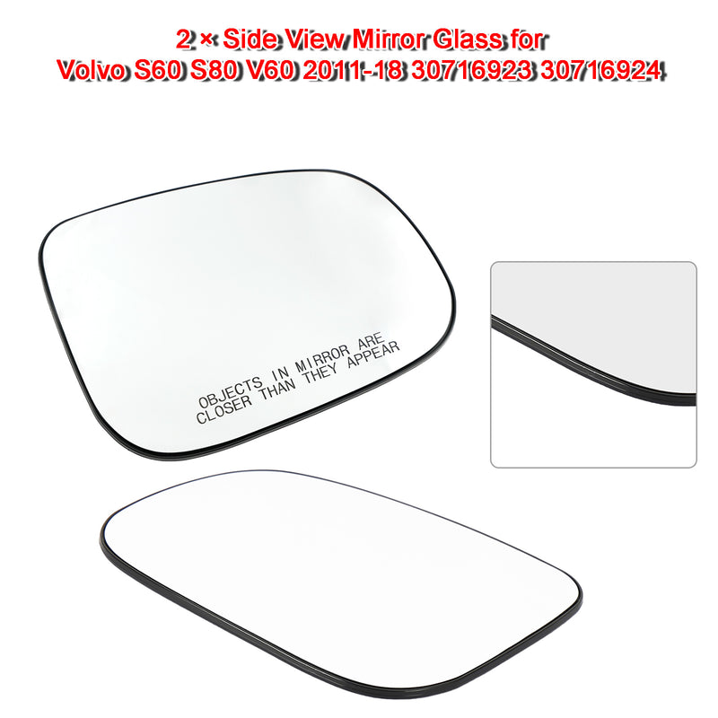 2 × Side View Mirror Glass for Volvo S60 S80 V60 2011-18 30716923 30716924