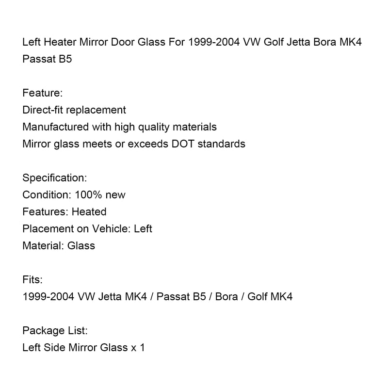 Right Heater Mirror Door Glass For 1999-2004 VW Golf Jetta Bora MK4 Passat B5 Generic