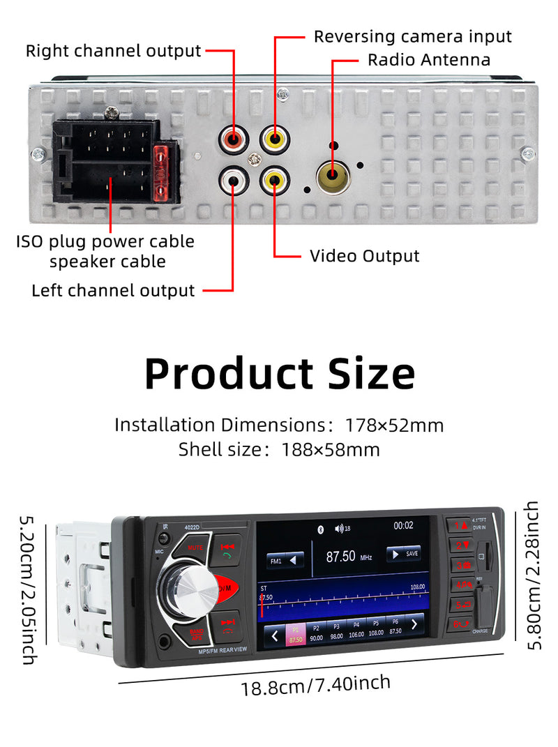 1DIN 4.1in Car Radio Stereo Bluetooth FM USB AUX Audio MP5 Player + Camera