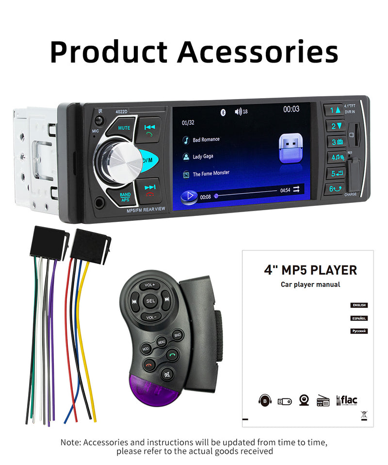 1DIN 4.1in Car Radio Stereo Bluetooth FM USB AUX Audio MP5 Player + Camera