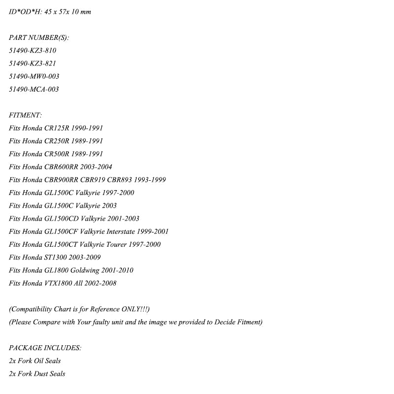 Front Fork Oil Seal Dust Seal Kit for Honda GL1500 C CR500R CR250R CR125R 89-03 Generic
