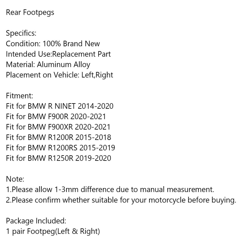 Rear Footrests Foot Peg for BMW R NINET F900R F900XR R1200R R1200RS R1250R Generic