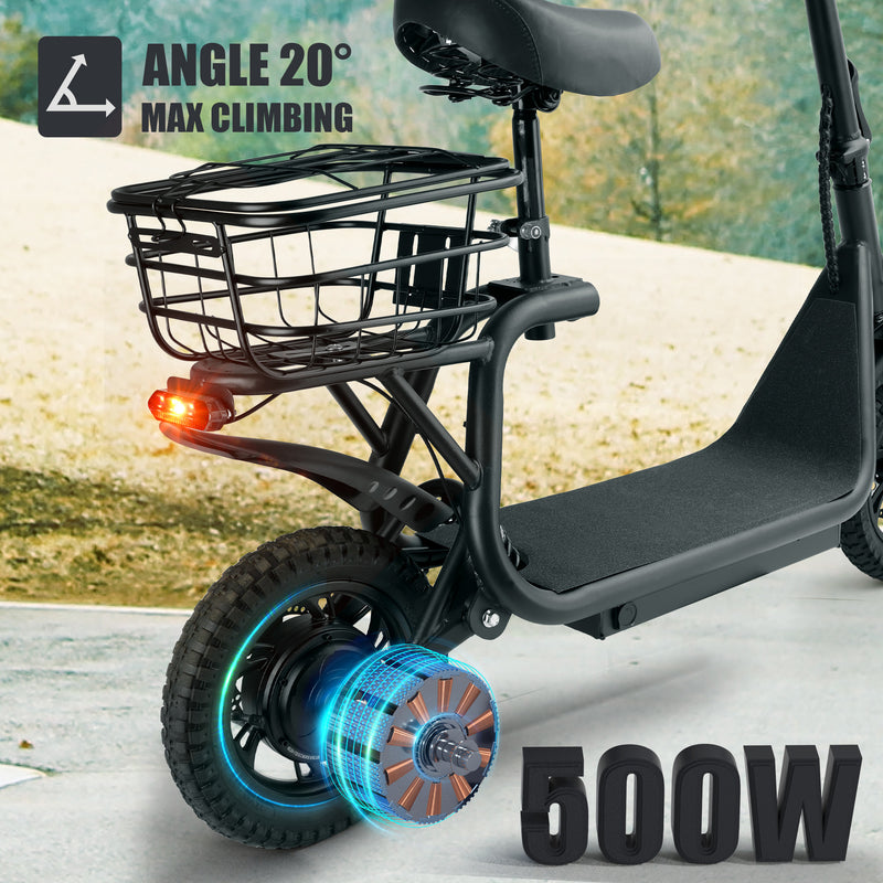 500W Adult  Shock Absorption  Electric Scooter with Seat  , 12 inch Commuter Electric Scooter  With Carry Basket - Up to 25 Miles 18.6MPH
