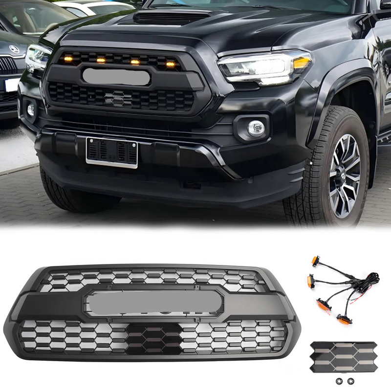 Tacoma TRD Pro 2016-2023 Grill Replacement Grille + ACC DRCC Garnish Sensor Cover + LED Lights + Grey / Red / White Letter