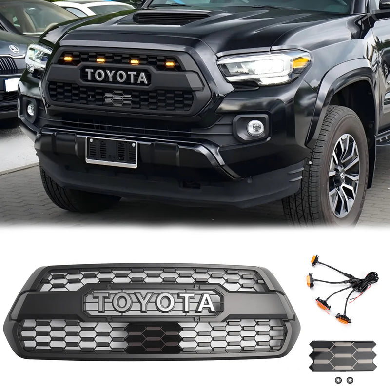 Tacoma TRD Pro 2016-2023 Grill Replacement Grille + ACC DRCC Garnish Sensor Cover + LED Lights + Grey / Red / White Letter