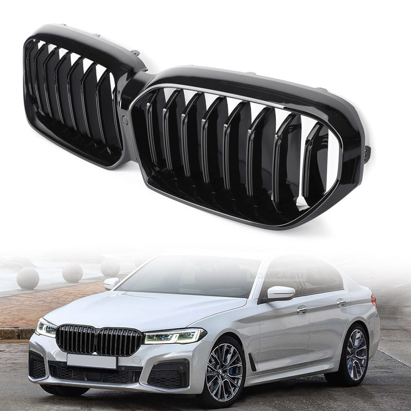 Double Gloss Black Front Grill Grille Fit BMW 5-Series G30 G31 21-22 W/Camera