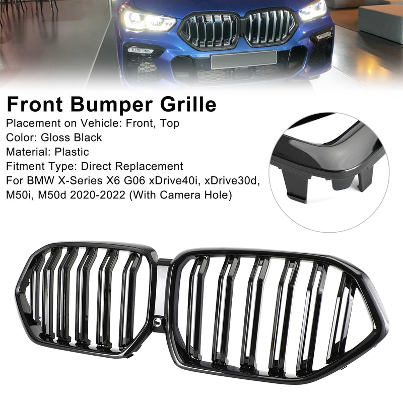 2020-2022 BMW X6 G06 M50i W/Camera Hole Front Bumper Grille Grill Black