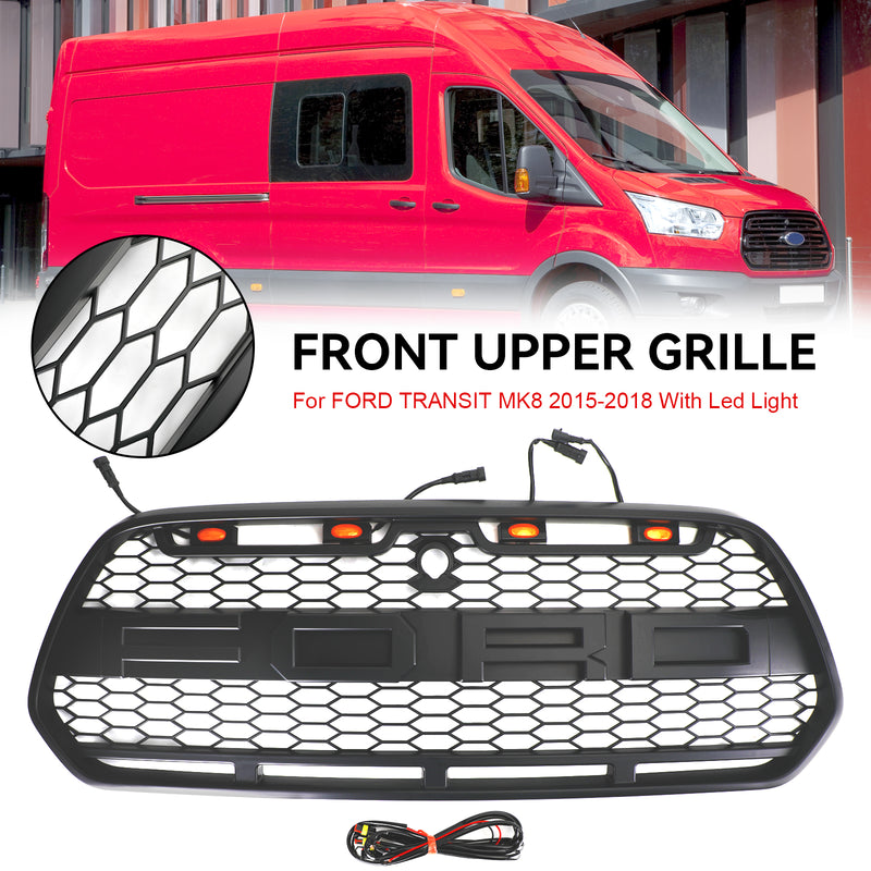 2015-2018 Ford Transit MK8 Raptor Matt Black Front Bumper Grille Grill w/LED