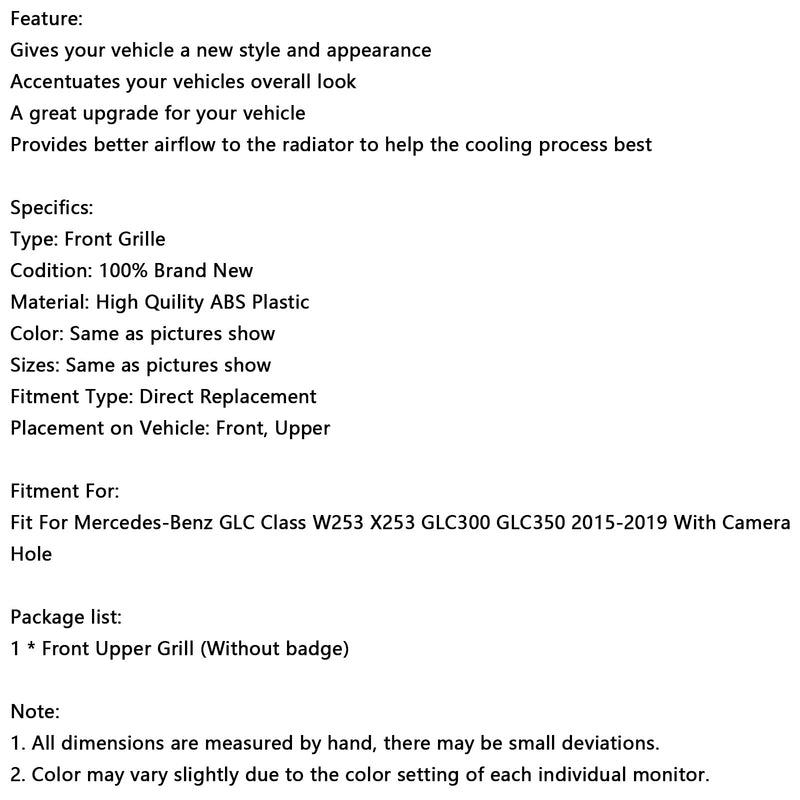 GT Style Front Bumper Grill Grille Fit Mercedes Benz GLC X253 C253 2015-2019