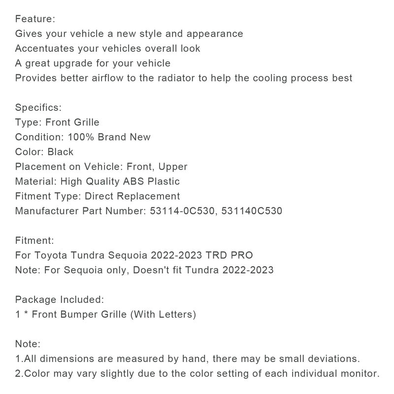 2022-2023 Toyota Tundra Sequoia TRD PRO Front Bumper Grill Grille + Amber Lights + Toyota Letter