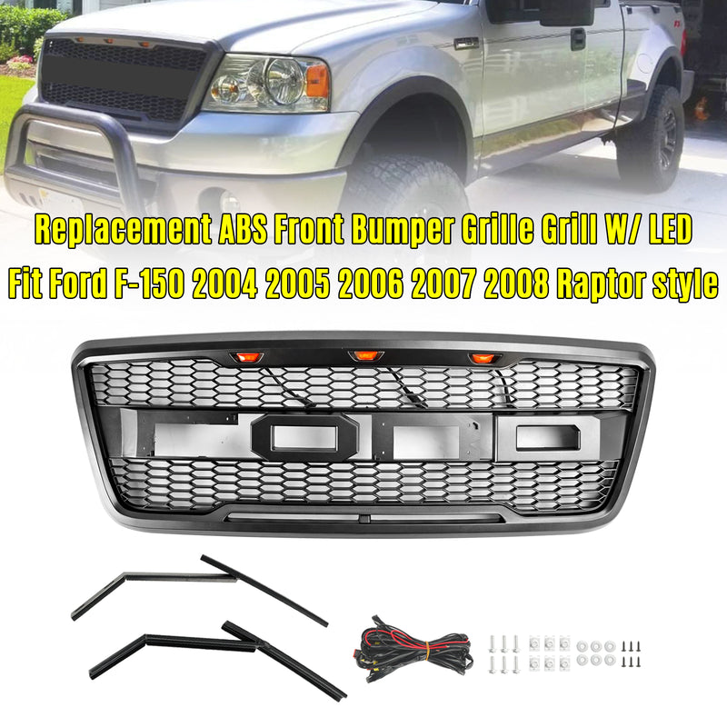 Raptor Style Front Mesh Hood Grille Grill Fit Ford F150 2004-2008 With LED