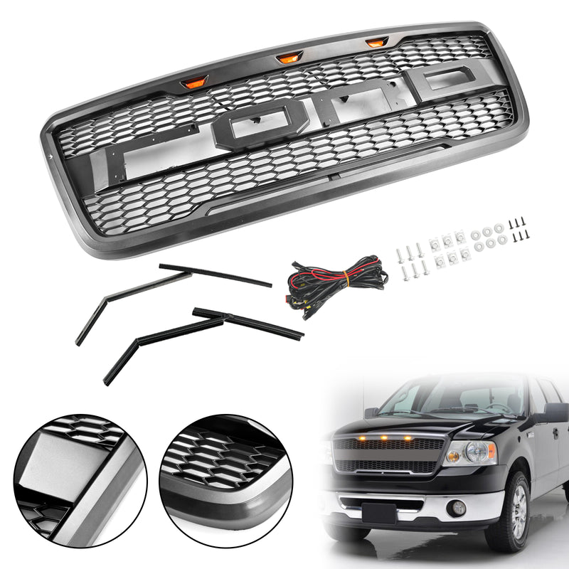 Raptor Style Front Mesh Hood Grille Grill Fit Ford F150 2004-2008 With LED