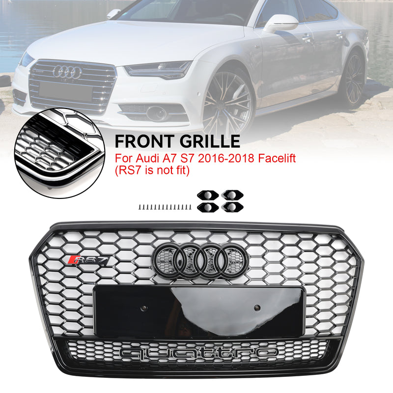 RS7 Style Honeycomb Front Bumper Grill Grille Fit Audi A7 C7 S7 2016-2018 Black