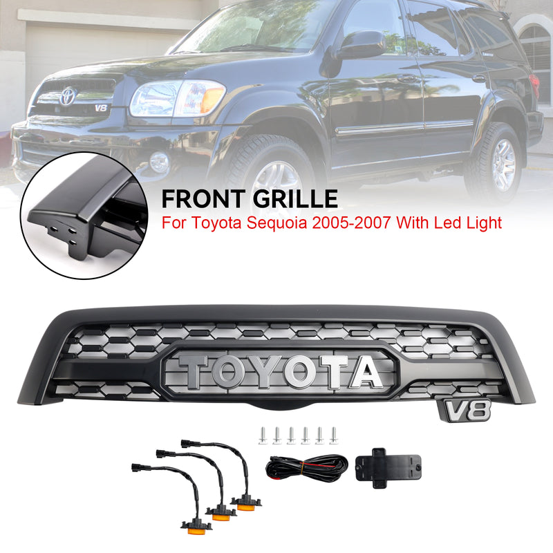 2005 2006 2007 Toyota Sequoia V8 Matte Black Front Bumper Grill Grille W/ Led Light