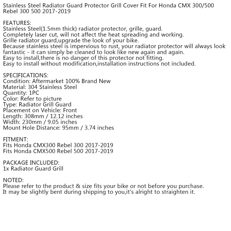 Radiator Guard Cover Protector for Honda Rebel CMX 300 500 2017-2020 Black Generic