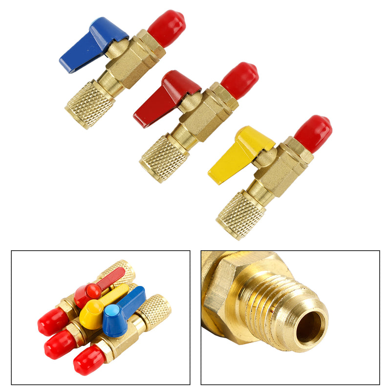 Areyourshop 3pc HVAC A/C Straight Shut-Off Ball Valve Adapter For R134a R22 R12 R410a 1/4"