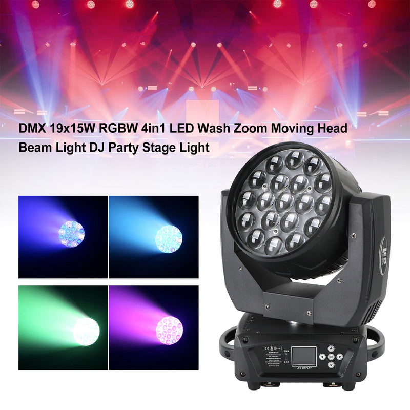 2PCS DMX 19x15W RGBW 4in1 LED Wash Zoom Moving Head Beam Light DJ Party Stage Light