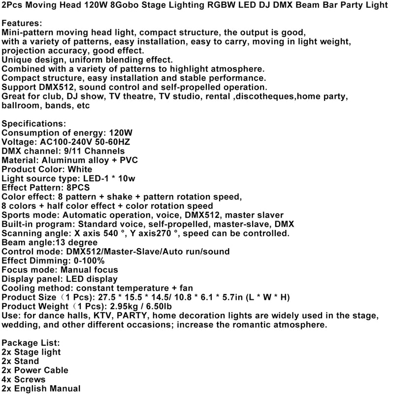 2 Moving Head 120W 8Gobo Stage Lighting RGBW LED DJ DMX Beam Bar Party Light