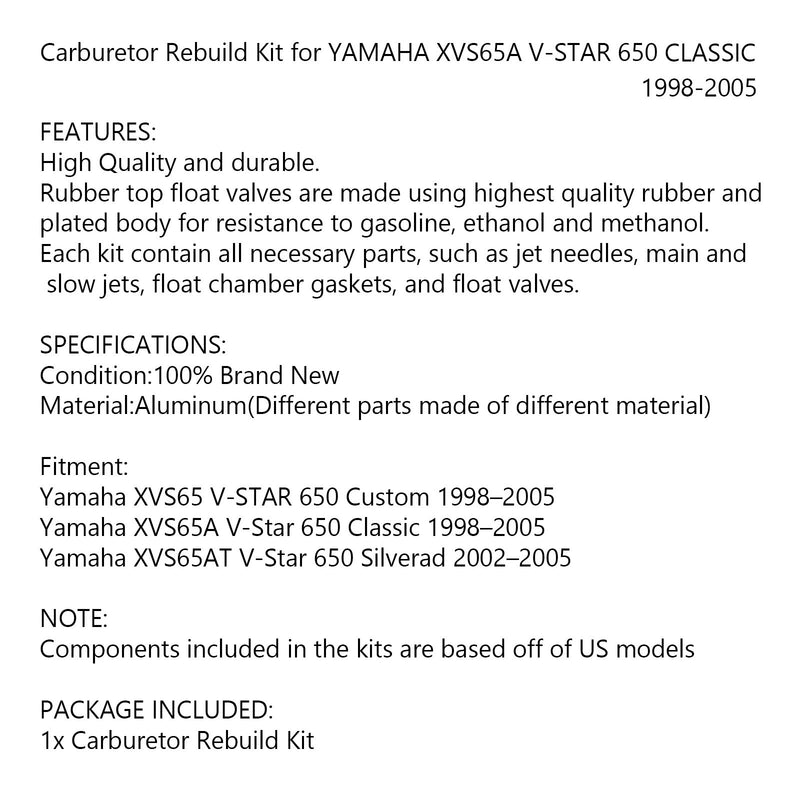 Carburetor Gaskets Jets Rebuild Kit for YAMAHA XVS65A V-STAR 650 CLASSIC 98-05