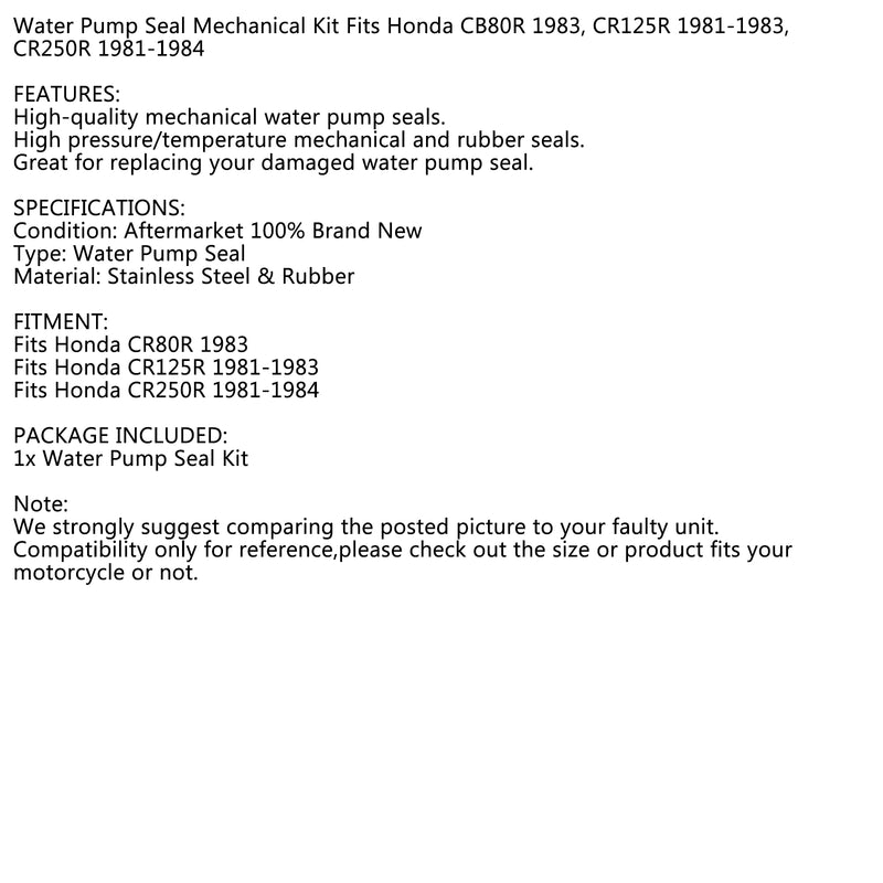 Water Pump Seal Mechanical Fits Honda CR80R 1983 CR125R 1981-83 CR250R 1981-84 Generic