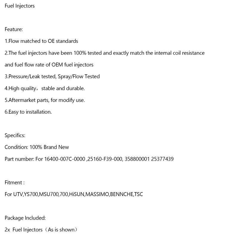 HiSun EFI 700 ATV UTV MASSIMO Qlink TSC YS MSU 25377439 Fuel Injector 2PCS
