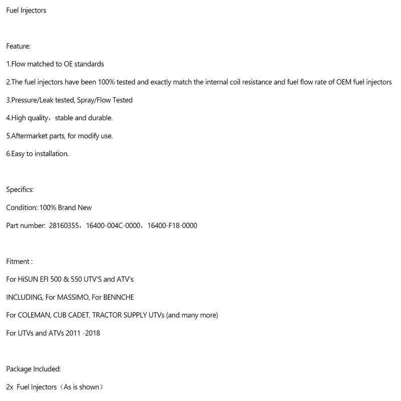 HiSun EFI UTV550 MSU500 HS500 28160355 Fuel Injector 16400-004C-0000  2PCS