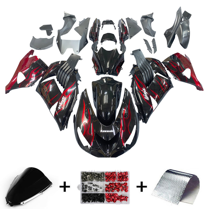 For Ninja ZX14R 2006-2011 Black & Red Flame Bodywork Fairing ABS Injection Molded Plastics Set 2