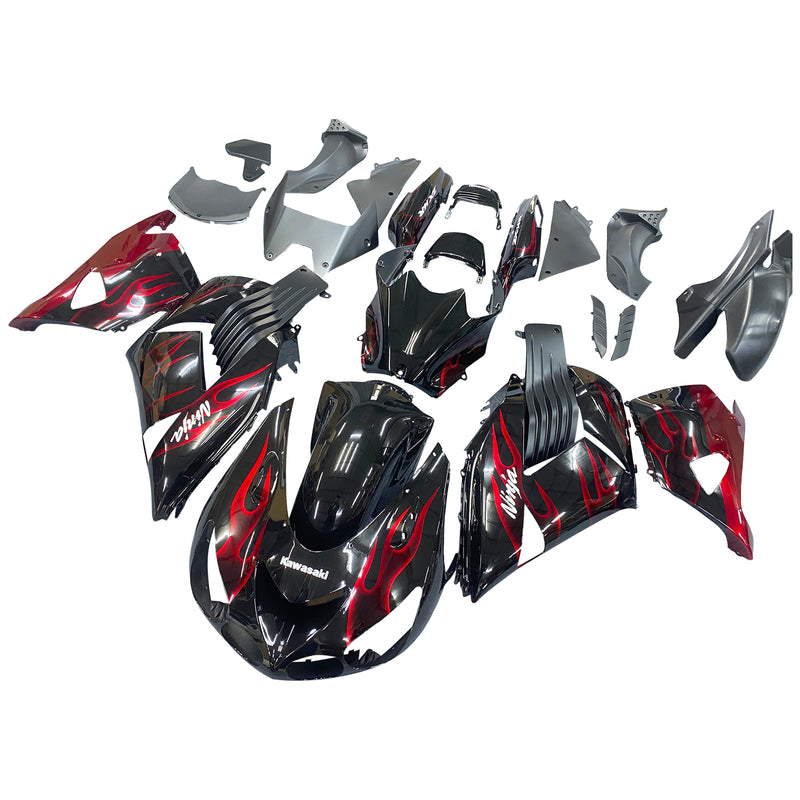 For Ninja ZX14R 2006-2011 Black & Red Flame Bodywork Fairing ABS Injection Molded Plastics Set 2