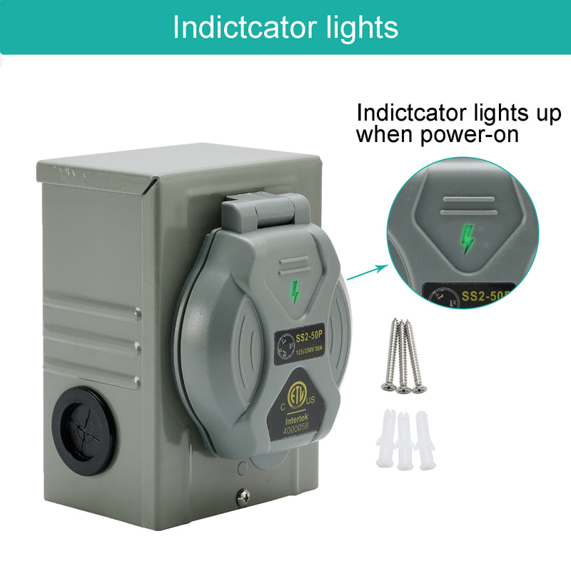 RV 50 Amp Power Inlet Box Outdoor Receptacle 3 Prong Locking Plug with LED Light