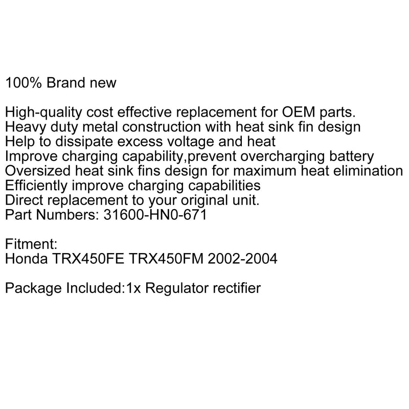 Regulator Rectifier Fit Honda TRX450FE TRX450FM Foreman Es 2002-2004 Generic