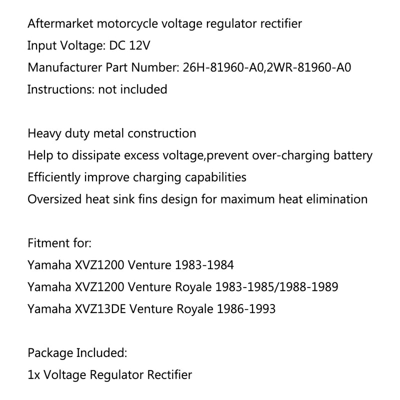 Voltage Regulator Rectifier For Yamaha XVZ13DE Venture Royale 1986-1993 Generic