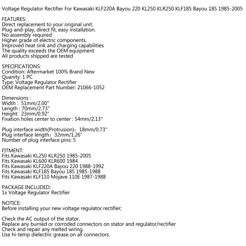 VOLTAGE REGULATOR FOR KAWASAKI KL250 KLR250 KL600 KLR600 1984-2005 5 PINS Generic