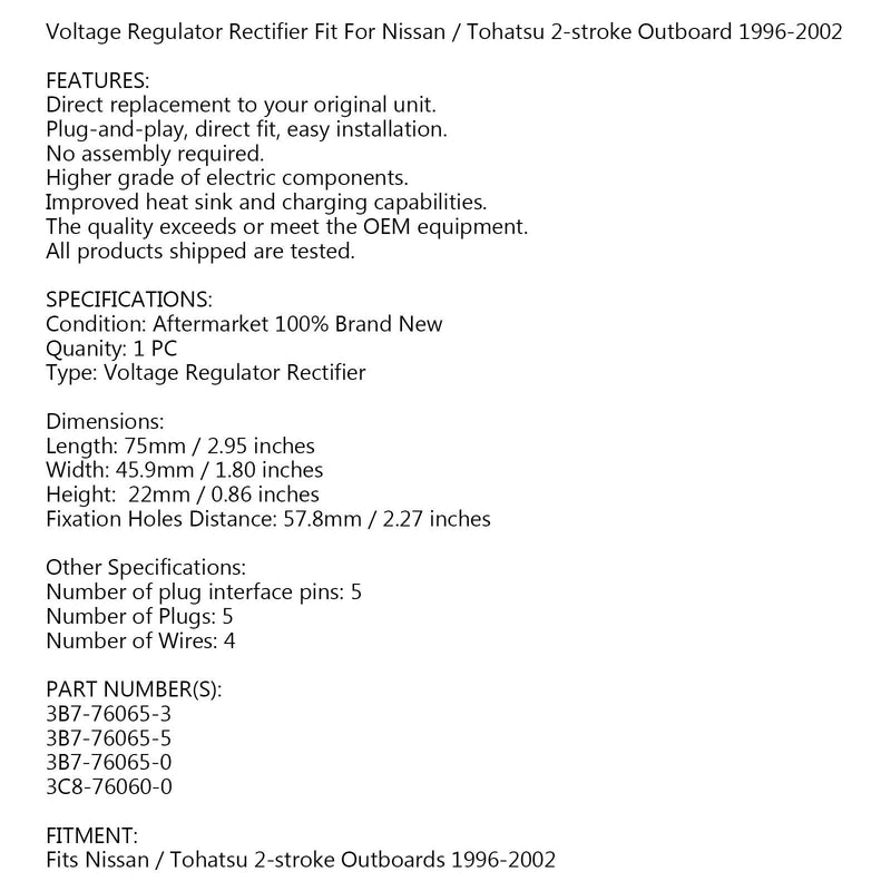 Voltage Regulator Rectifier for Tohatsu M40D M50D M60B M70B M90A 2002-2005 Generic