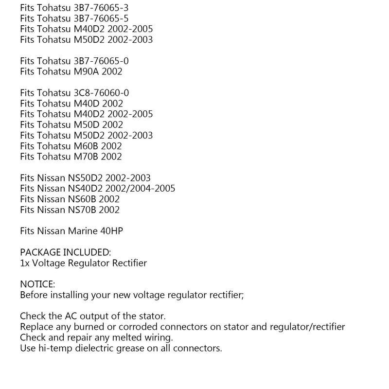 Voltage Regulator Rectifier for Tohatsu M40D M50D M60B M70B M90A 2002-2005 Generic