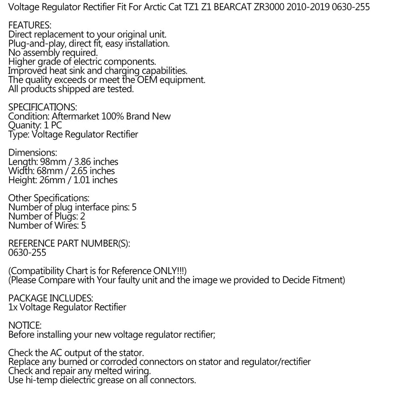 Rectifier Regulator Fit for Arctic Cat Snowmobile TZ1 Z1 XT LT LXR 0630-255