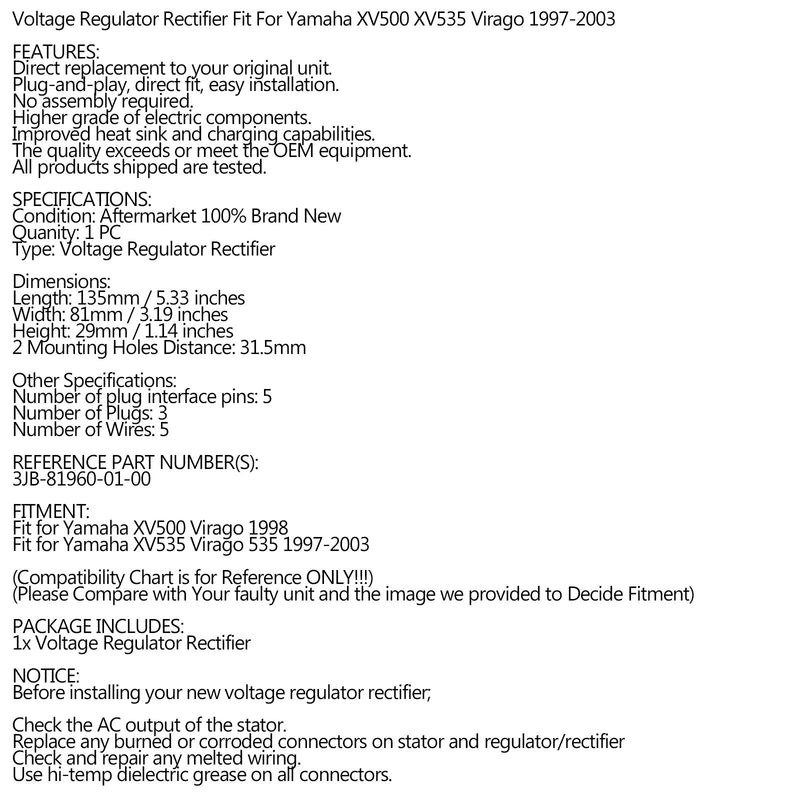 Rectifier Regulator Fit for Yamaha 97-03 XV535 VIRAGO 535 500 3JB-81960-01-00