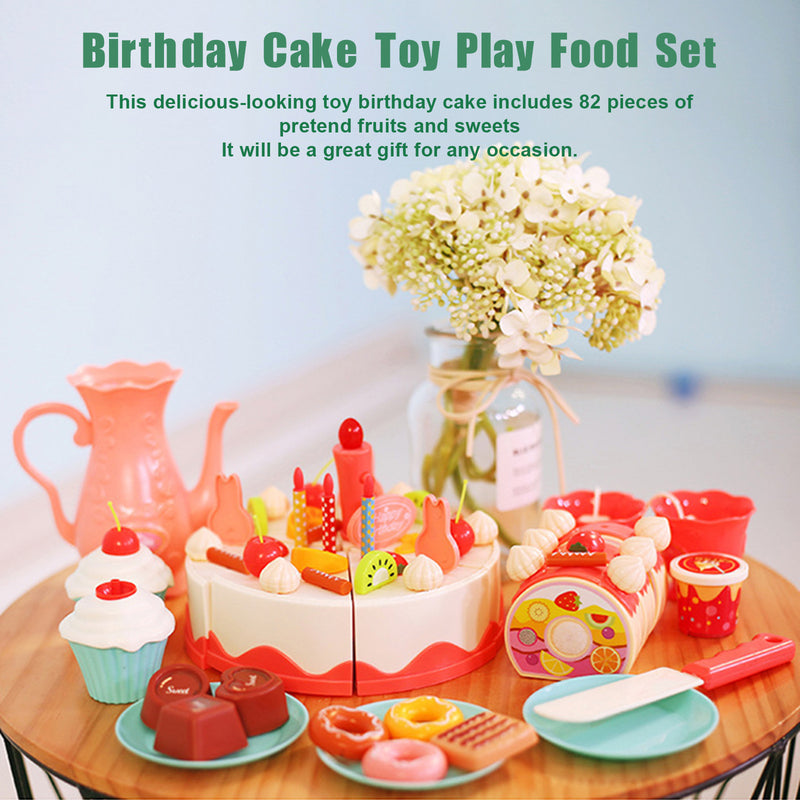 82 Pieces Birthday Cake Toy Play Food Set Plastic Kitchen Cutting Pretend Toys