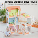 3 Story Wooden Doll House With Balcony 23 Accessories Toy Gift For 3 +Years Kids