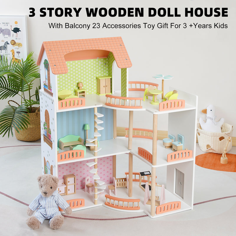 3 Story Wooden Doll House With Balcony 23 Accessories Toy Gift For 3 +Years Kids