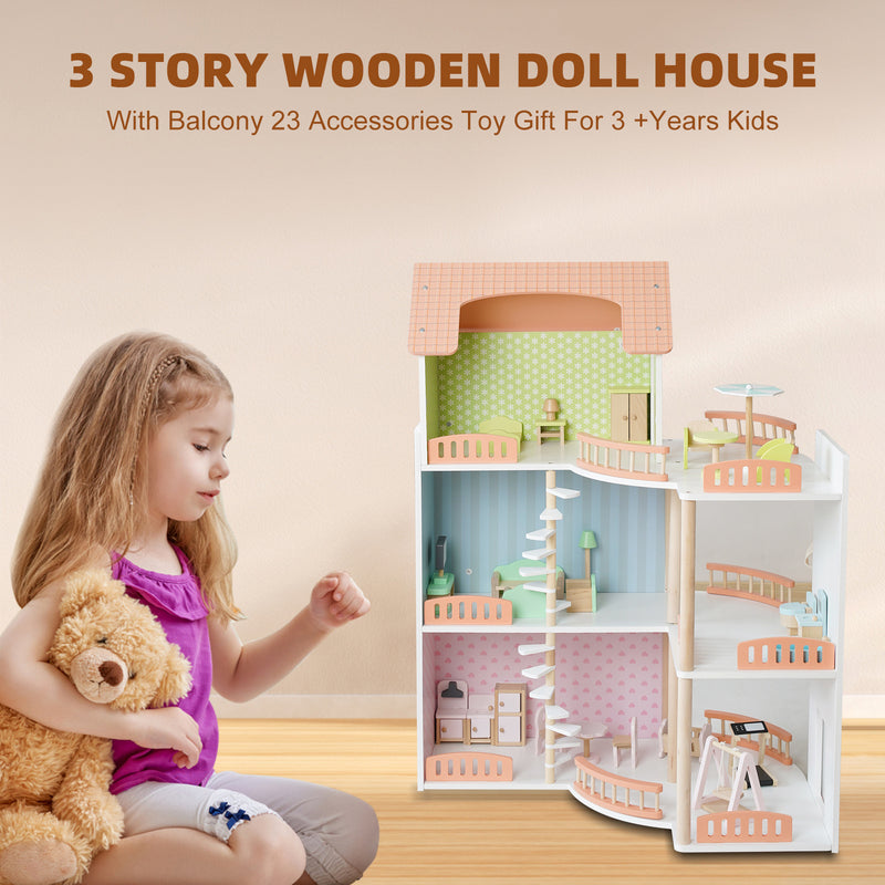 3 Story Wooden Doll House With Balcony 23 Accessories Toy Gift For 3 +Years Kids
