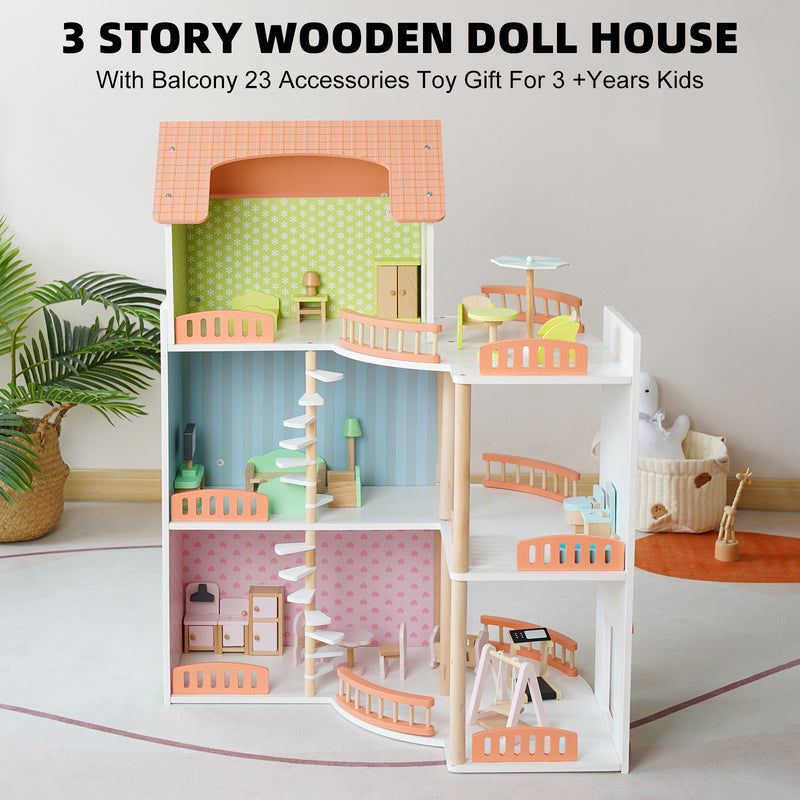 3 Story Wooden Doll House With Balcony 23 Accessories Toy Gift For 3 +Years Kids