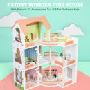 3 Story Wooden Doll House With Balcony 23 Accessories Toy Gift For 3 +Years Kids