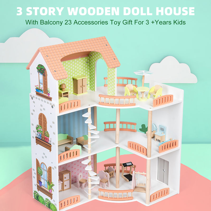 3 Story Wooden Doll House With Balcony 23 Accessories Toy Gift For 3 +Years Kids