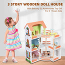 3 Story Wooden Doll House With Balcony 23 Accessories Toy Gift For 3 +Years Kids