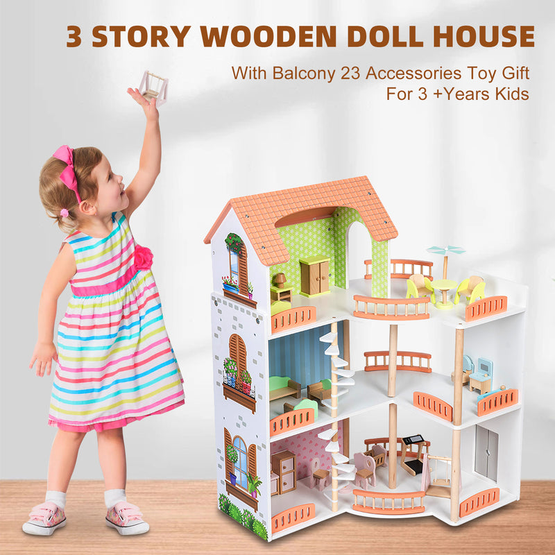 3 Story Wooden Doll House With Balcony 23 Accessories Toy Gift For 3 +Years Kids