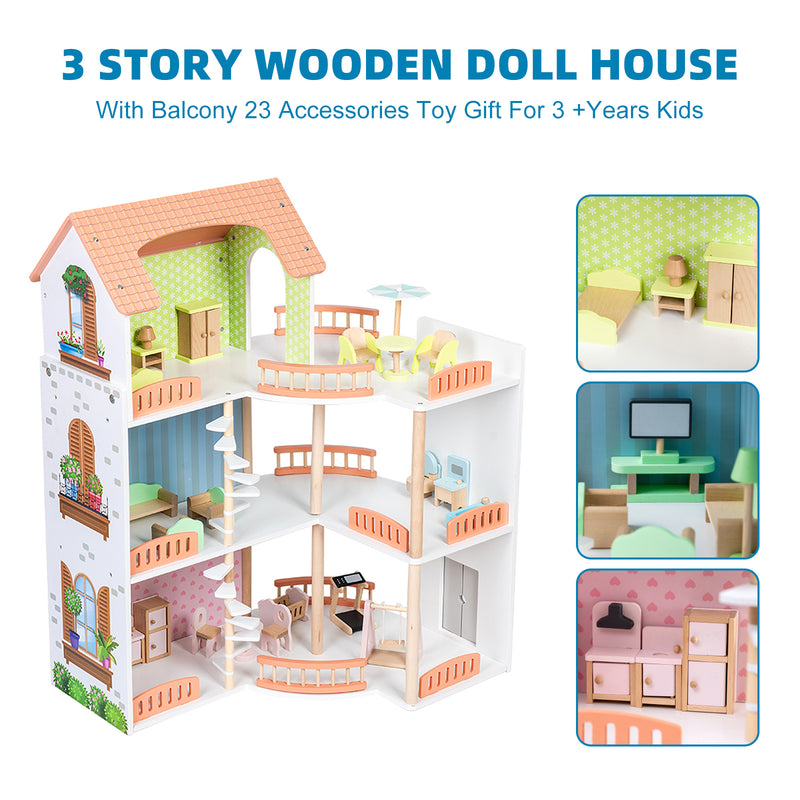3 Story Wooden Doll House With Balcony 23 Accessories Toy Gift For 3 +Years Kids
