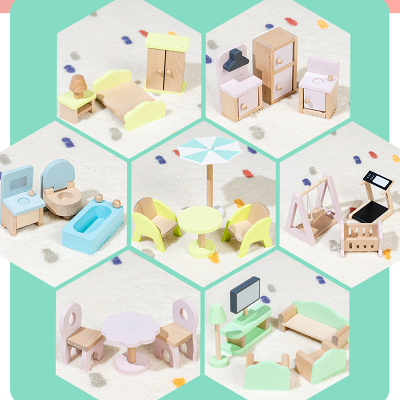 3 Story Wooden Doll House With Balcony 23 Accessories Toy Gift For 3 +Years Kids