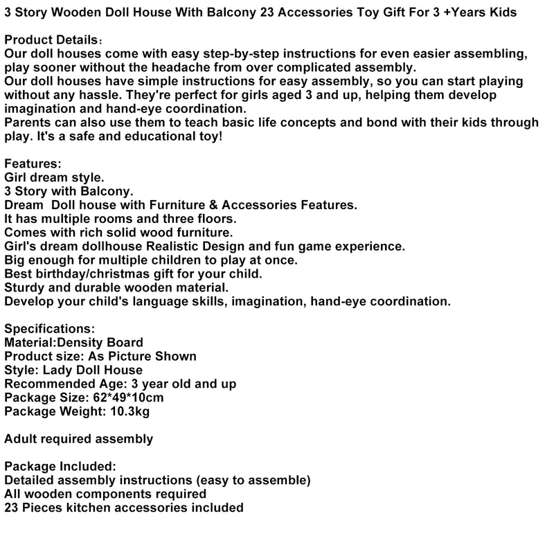 3 Story Wooden Doll House With Balcony 23 Accessories Toy Gift For 3 +Years Kids